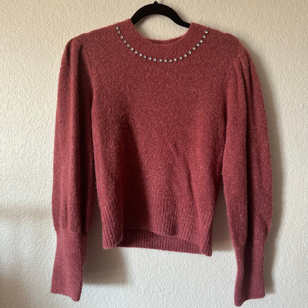 Cinq A Sept Rhinestone Wool Blend Puff Sleeve Pullover Sweater Medium